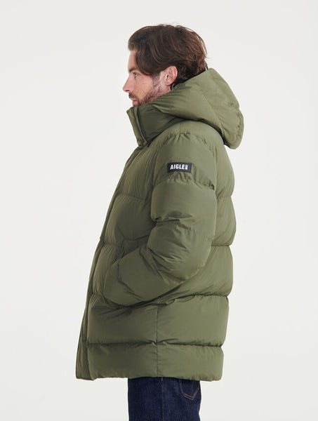 Aigle - Mid-Length, Print, Hooded Dupont Sorona® Quilted Jacket - olive - Men’s jacket